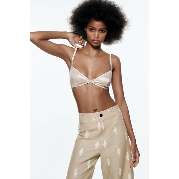 ZARA LINEN BLEND CULOTTES EMBROIDERED BEIGE NEW